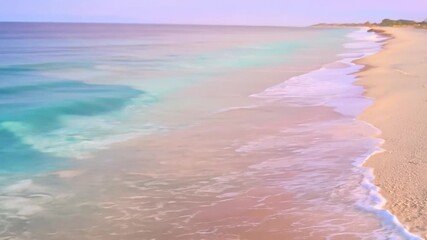 Poster - Waves lap gently against a soft pink sand beach as the sun rises, creating a tranquil and beautiful coastal atmosphere.