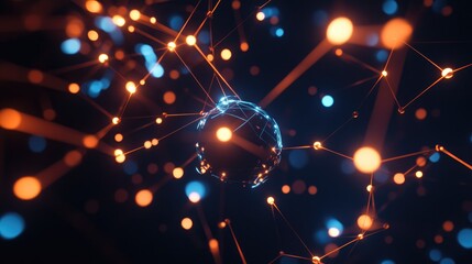 Poster - Futuristic 3D network of glowing nodes, with blank space for text.