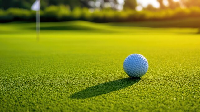 Golf ball on the green with a flagstick in the background, featuring ample space for copy