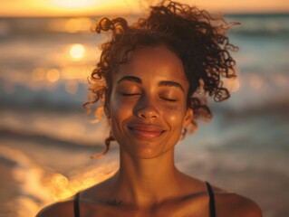 Wall Mural - A woman smiles with her eyes closed, enjoying the warmth of the sun. AI.