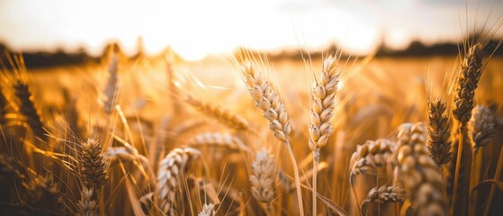 Wall Mural - Golden wheat stalks swaying in a field at sunset. AI.