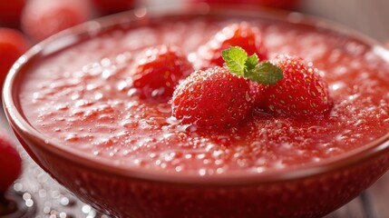 Wall Mural - Fresh strawberries in a bowl of red sauce. AI.