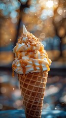 Sticker - A close-up of a soft serve ice cream cone with caramel and nuts. AI.