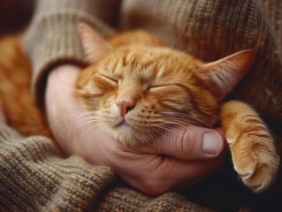 Wall Mural - A ginger cat sleeps peacefully in someone's arms. AI.