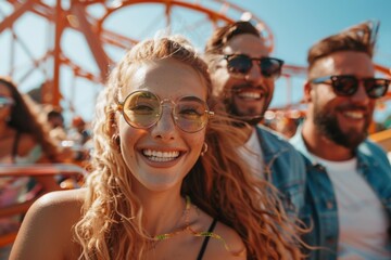 Canvas Print - A group of friends enjoying a day at the amusement park. AI.