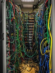 Canvas Print - A tangled mess of wires in a server room. AI.