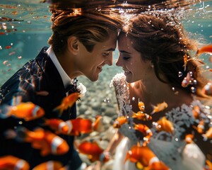 Poster - A bride and groom underwater surrounded by fish. AI.