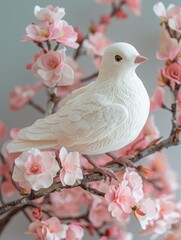 Poster - A white dove perched on a branch of delicate pink blossoms. AI.