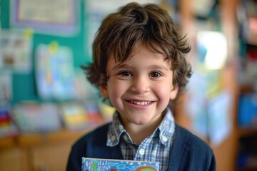 Poster - A young boy smiles brightly while holding a book. AI.