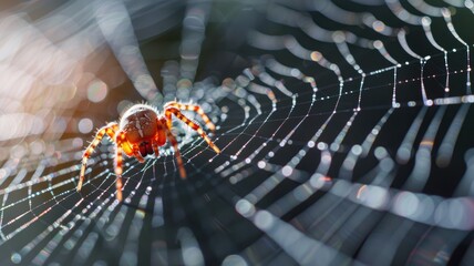 Close-up of orange spider on detailed web with sunlight highlights