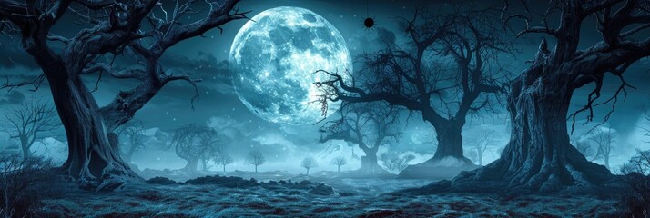 Poster - Eerie Halloween Night Scene with Spooky Trees and Full Moon