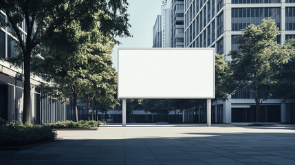Wall Mural - a blank billboard in a modern urban square with trees and buildings, perfect for mockup and advertis