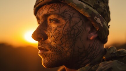 Close-up of a Soldier's Face with Camouflage Paint and Sunset in the Background