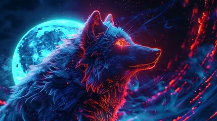 Cyber-Wolf with Glowing Eyes Stands Strong Under the Lunar Glow