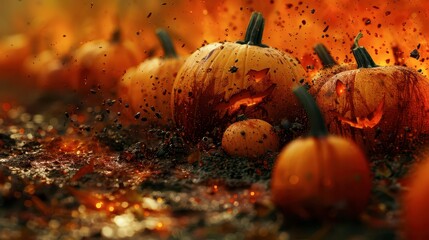 Wall Mural - Pumpkins Burning in Flames During Halloween Night in a Haunted Field