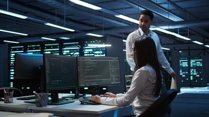 Poster - computer scientists in data center managing and maintaining databases, ensuring data integrity and s