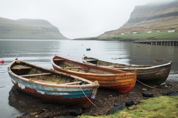 Wall Mural - Fishing Boats Resting in Misty Harbor Village