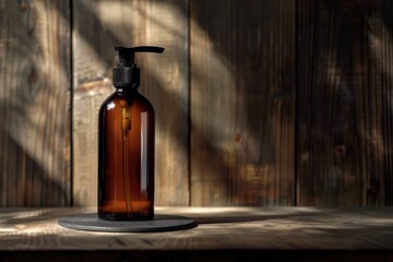 Aufkleber - A bottle of liquid sits on top of a wooden table, simple and straightforward