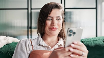 Aufkleber - Cellphone, laughing and woman on sofa in home networking on social media, mobile app or internet. Happy, typing and person with comic, funny or comedy joke online with phone in living room at house
