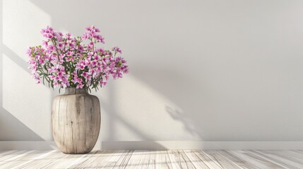 Poster - Modern interior design with pink flowers in a vase on a light background