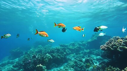 Poster - A variety of colorful fish swim over a large coral reef in the clear, blue water.