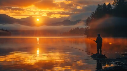 Wall Mural - A fisherman casts a line at sunset.