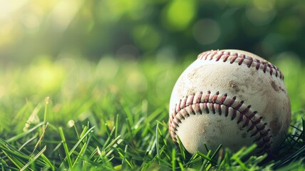 Wall Mural - Baseball lies on green grass, lit by sunlight