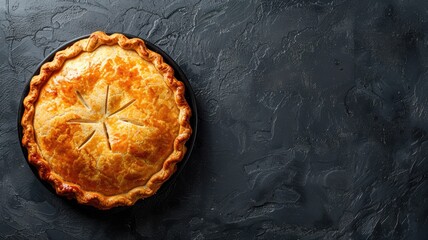 Wall Mural - Baked pie with golden, flaky crust on dark textured surface