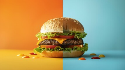 Poster - Cheeseburger with lettuce, tomato, and beef patty on split-color background