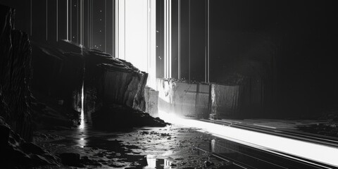 Poster - A black and white image of a train passing through a tunnel