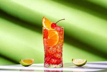 Wall Mural - Summer red  alcoholic cocktail drink with vodka, liqueur, orange, cranberry, juice, lemon and ice with cherry. Green background