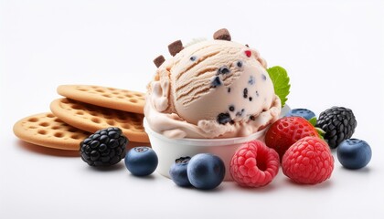 Wall Mural - an ice cream with berries and cookies on a white background