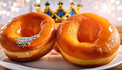 Wall Mural - glazed orange donuts with dutch event kings day in background national holiday koningsdag on 27 april in the netherlands holland culture concept with copy space