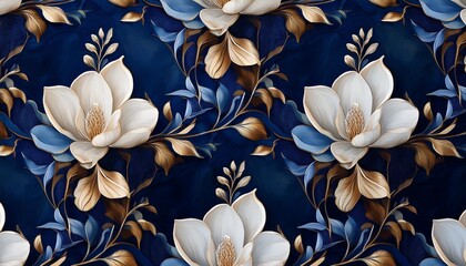 Wall Mural - premium wallpaper mural art floral seamless pattern magnolia flowers tropical design in dark blue colors watercolor 3d illustration baroque style digital paper modern background generative ai