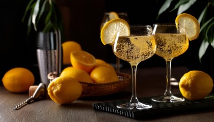 Wall Mural - refreshment with a homemade limoncello spritz drink infused with liqueur sparkling wine and lemon in a cocktail glass