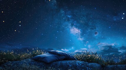 Scenic nighttime sky with galaxy of stars, two pillows on grassy knoll