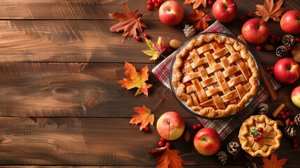 Wall Mural - Freshly baked apple pie with lattice crust surrounded by autumn leaves, nuts, and whole apples