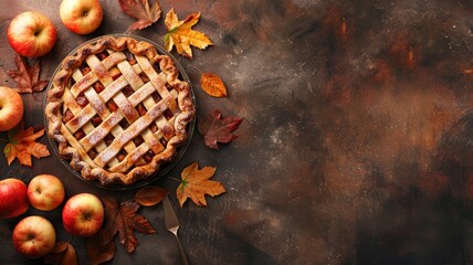 Wall Mural - Freshly baked lattice apple pie with fall leaves and apples