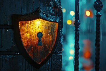 Poster - Close-up shot of a keyhole on a wooden door, suitable for use in architectural or design contexts
