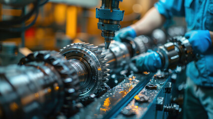 Wall Mural - Close-up of machinery parts and tools being handled in a manufacturing workshop, highlighting precision engineering.