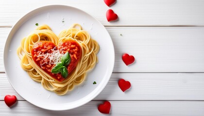 Wall Mural - on a white plate with a white wood background heart shaped pasta is topped with tomato sauce and parmesan cheese for valentine s day supper consider serving romantic vegetarian art