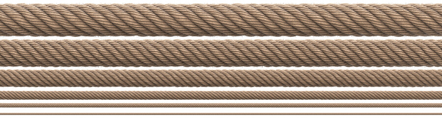 Various natural ropes of different thicknesses. Realistic 3D render.