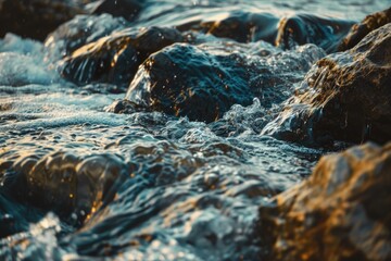 Poster - A close-up shot of calm water near rocky formations, suitable for use in travel or nature-themed projects