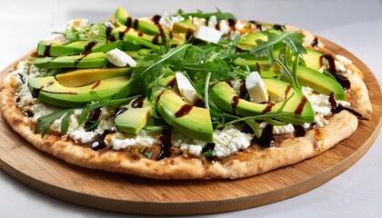 Wall Mural - gourmet avocado and goat cheese pizza with arugula and balsamic glaze on crispy thin crust