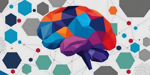 Digital illustration featuring a stylized, polygonal representation of a human brain 