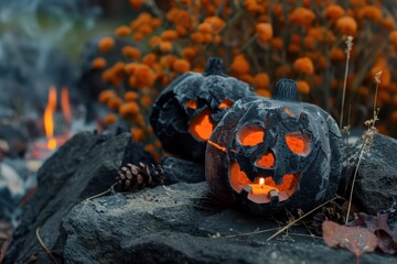 Poster - Carved Pumpkins With Candles Amidst Autumn Foliage at Dusk