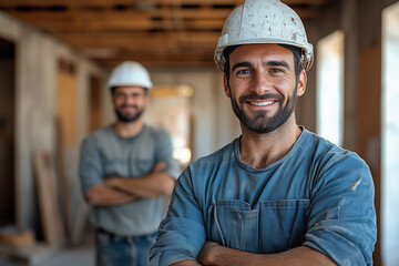 A portrait of few smiling male construction workers and a real estate agent standing with crossed arms in a new apartment under decoration, looking at the camera, wearing a helmet during daylight in t