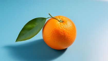 Wall Mural - a single ripe orange with a green leaf attached sits on a pastel blue background sunlight casts a soft shadow from the orange and leaf