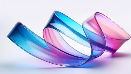 Wall Mural - 3d render curvy translucent glass ribbon isolated on white background wavy design element with pink blue gradient modern minimal wallpaper