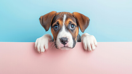 adorable puppy peeking over edge with big blue eyes